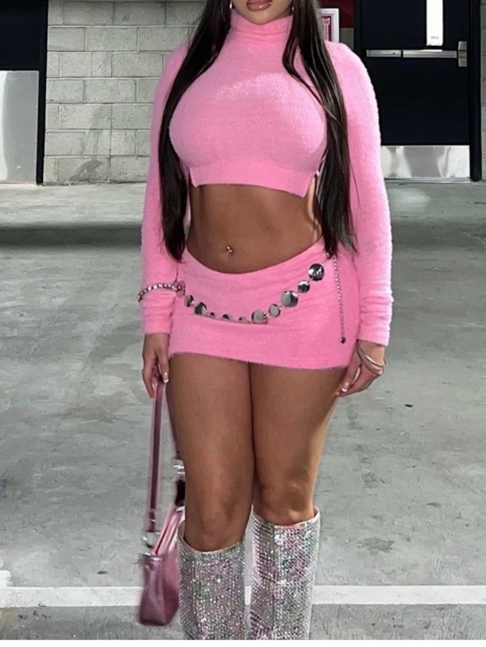 Fuzzy Pink Mini Skirt - Women's Plush Knit Skirt